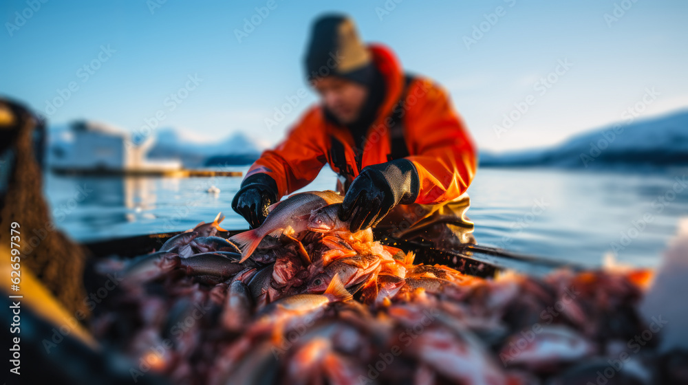Obraz premium winter industrial fishing, fish in the net , sorting frozen fish in the port generative ai