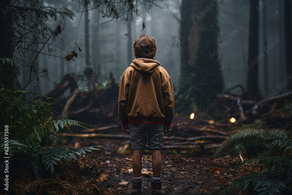boy got lost in the forest back view generative ai