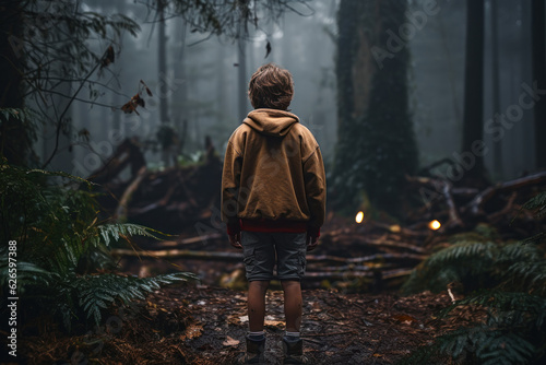 boy got lost in the forest back view generative ai