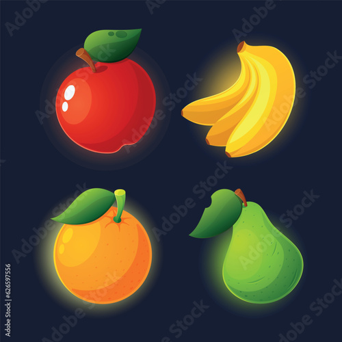 Apple, Banana, Orange and Pear Fruits, Isolated Game Icons for Casino or Slot Machine Gamble Gaming Experience