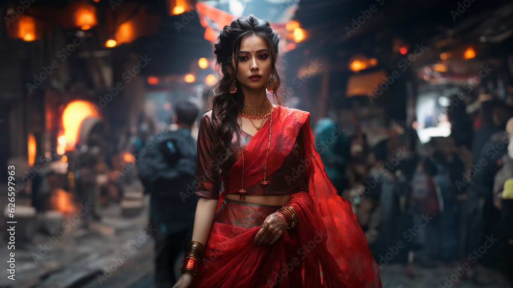 Hübsche Frau im roten Abenkleid in der Stadt und dekorativen Hintergrund Porträt, ai generativ