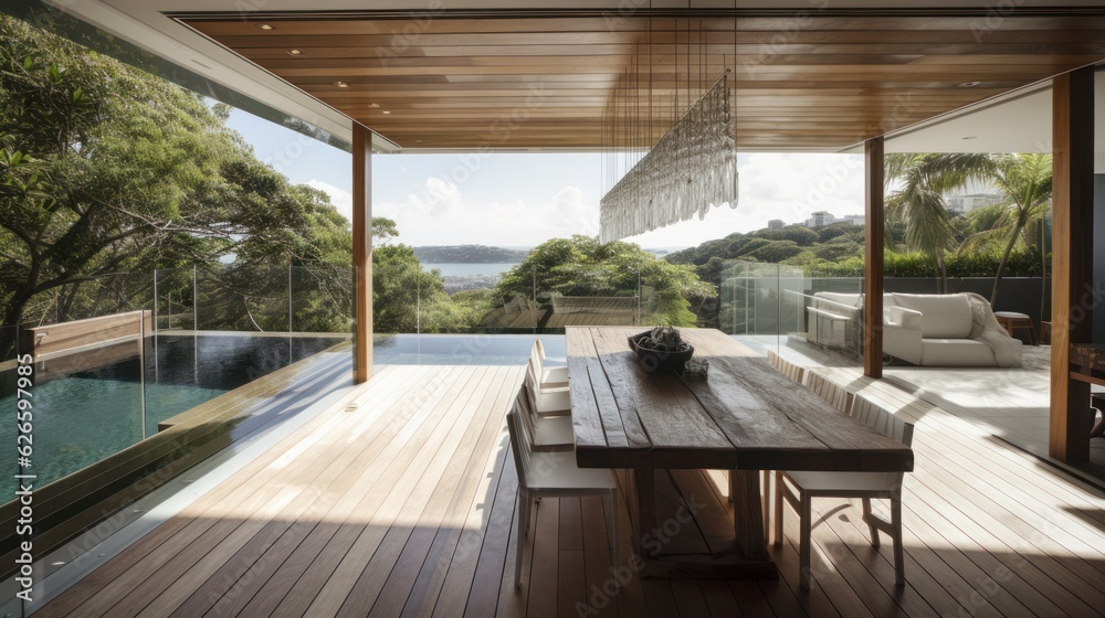 Fototapeta premium house villa resort open space interior design interior concept liing area and patio balcony connect to water pool and wooden deck cosy and natural touch feeling house beautiful ideas ,ai generate