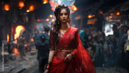 Hübsche Frau im roten Abenkleid in der Stadt und dekorativen Hintergrund Porträt, ai generativ