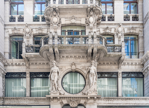 The façade of Terni-Smolars palace, built in early 20th century in Liberty style, with statues and balconies, Trieste city center, Friuli Venezia Giulia region, Italy