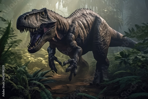  Extremely detailed and realistic illustration of dinosaur  t rex hunting in prehistoric jungle  generative AI