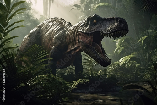  Extremely detailed and realistic illustration of dinosaur, t rex hunting in prehistoric jungle, generative AI © Kien