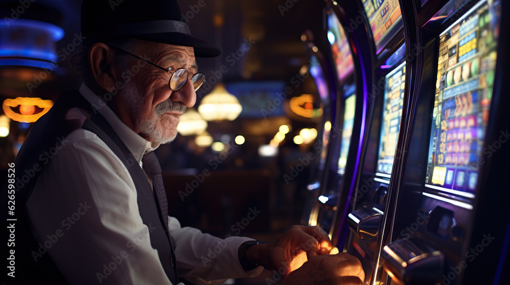 Elder Old Man Gambler Sitting in Front of Slot Machine Gambling in Casino. Wearing Suit Attire. Concept of Money, Gaming, Games, Betting, and Spin. Elder Old Man Gambler Sitting in Front of Slot Machine Gambling in Casino. Wearing Suit Attire. Concept of Money, Gaming, Games, Betting, and Spin.