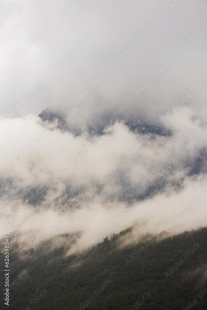 rain clouds over the forest. Mountain landscape. . Turkey.