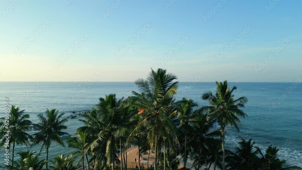 Green tropical rocky island in the middle of blue-green sea washed by waves aerial view through palm trees. Parrot Rock in Mirissa, Sri Lanka surrounded by rough dark ocean footage from drone Green tropical rocky island in the middle of blue-green sea washed by waves aerial view through palm trees. Parrot Rock in Mirissa, Sri Lanka surrounded by rough dark ocean footage from drone