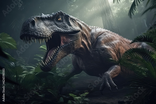  Extremely detailed and realistic illustration of dinosaur  t rex hunting in prehistoric jungle  generative AI