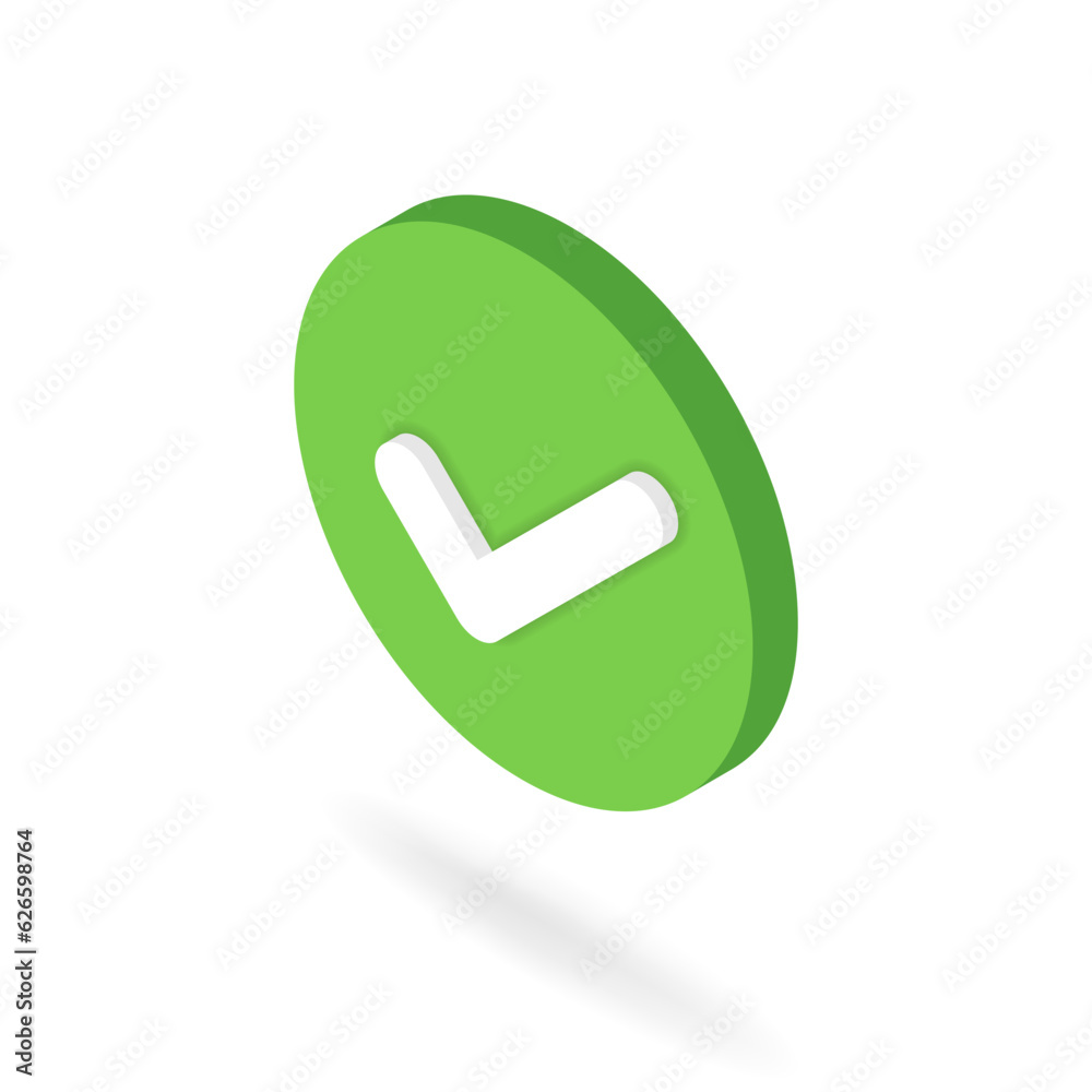 Isometric checkmark button. 3d tick icon. Yes mark in green circle at left view angle. Vector illustration of correct, agree, confirm, approve, ok symbol for ui, infographic, website, app use Isometric checkmark button. 3d tick icon. Yes mark in green circle at left view angle. Vector illustration of correct, agree, confirm, approve, ok symbol for ui, infographic, website, app use