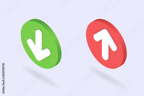 Isometric download and upload buttons set. 3d file loading icon presented at left angle. Up and down arrows as file uploading, data transfer symbol. Vector illustration isolated on white background