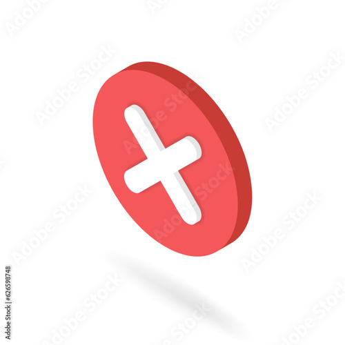 Isometric X cross button. 3d no icon. Ex mark in red circle at left view angle. Vector illustration of incorrect, disagree, wrong, cancel, false symbol for ui, infographic, website, app use