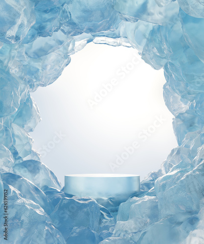 Foto Abstact 3d render winter scene and Natural podium background, Ice podium on the
