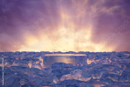 Abstact 3d render winter scene and silhouette Natural background, Ice podium on the frozen lake with ice rock in sunset for product display, advertising, mockup or etc