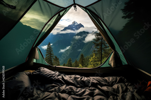 A Tent with a beautiful View, Camping in the Nature with Mountains and a big Forest - Generative Ai