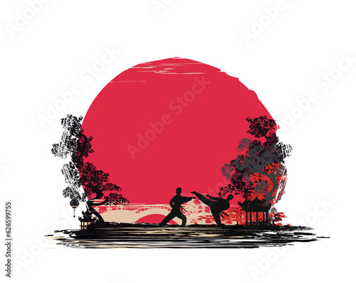 Active tae kwon do martial arts fighters combat fighting and kicking sport silhouettes illustration photo