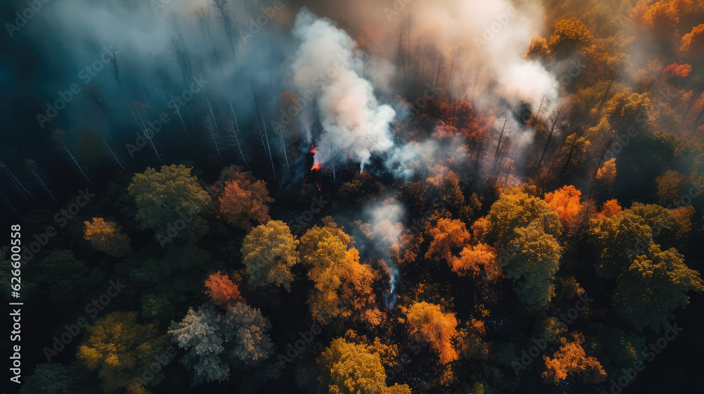 Drone shot of a fire in a forest with a lot of smoke above. Generative AI. Drone shot of a fire in a forest with a lot of smoke above. Generative AI.