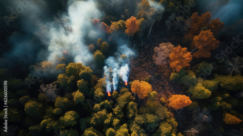 Drone shot of a forest with fire and some smoke. Generative AI.