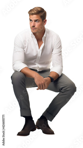 Front view of an Isolated sitting handsome young man wearing a white shirt and grey trousers, cutout on transparent background, ready for architectural visualisation.