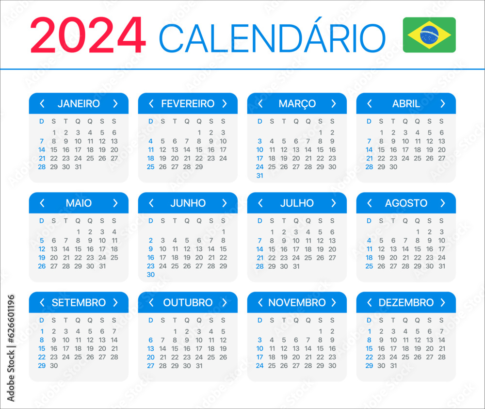 2024 Calendar - vector template graphic illustration - Brazilian version