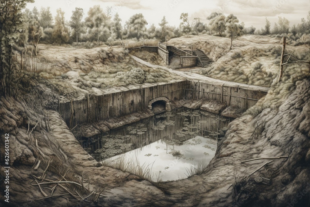 Drawing of an old reservoir in ruins. Generative AI