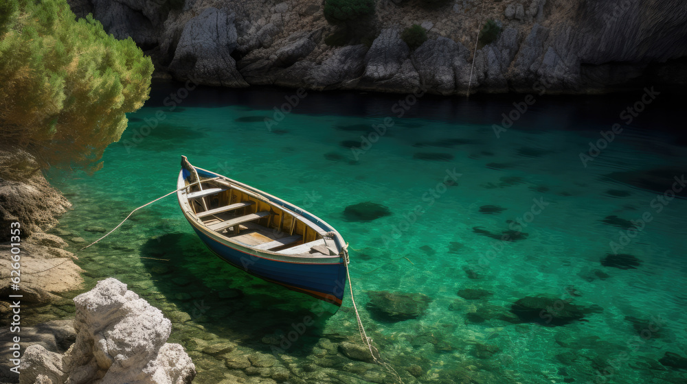 Small wooden boat swimming in the water of the ocean in a small bay. Generative AI. Small wooden boat swimming in the water of the ocean in a small bay. Generative AI.