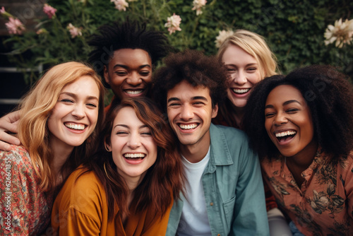 Lifestyle and friendship concept. Multi ethnic guys and girls spending time together. Happy life style friendship concept on young multicultural people having fun day together in city. Generative AI