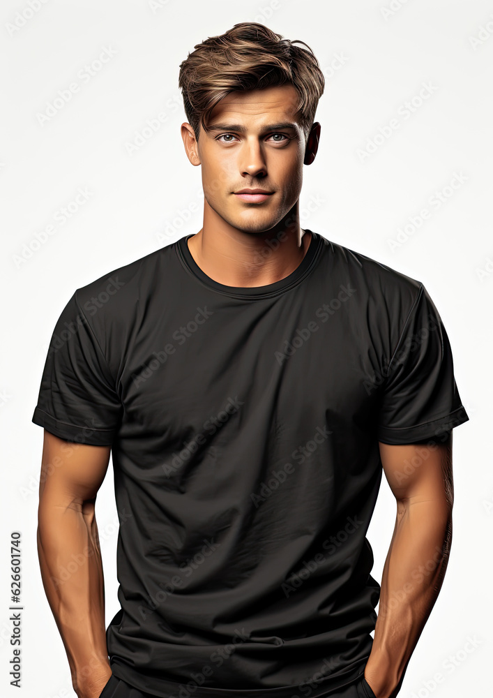 Male Model Wearing a Plain Black Unbranded T-Shirt on a White Background-Generative AI Male Model Wearing a Plain Black Unbranded T-Shirt on a White Background-Generative AI