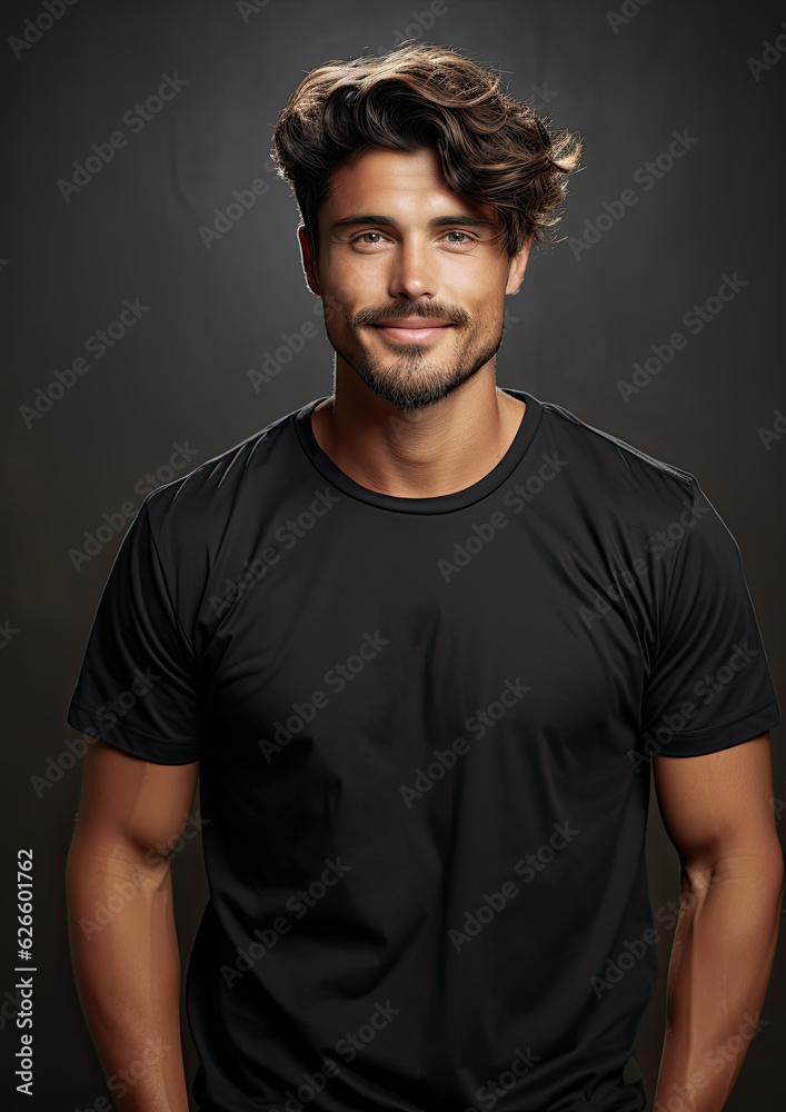 Male Model Wearing a Plain Black Unbranded T-Shirt on a Grey Background-Generative AI