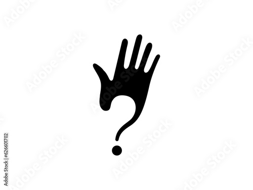 Hand with a question mark. Raised hand symbol to ask a question.
