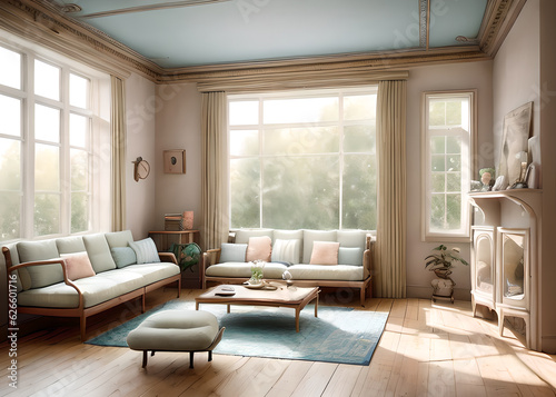 Living room with a skylight window, two chairs and a table with a vase of flowers on it.sunny wooden floor potted carpet living room background and use it as wallpaper posters and banners,Generative A