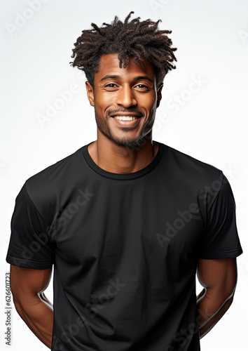 Male Model Wearing a Plain Black Unbranded T-Shirt on a White Background-Generative AI