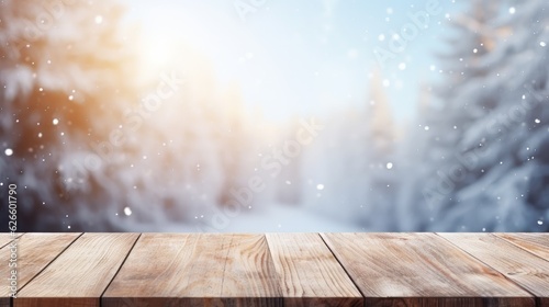 Wooden Table Floor foreground for Products Advertising with Winter Theme background, Generative AI