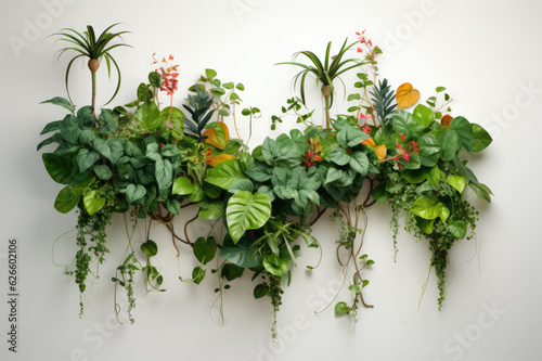 Composition of green houseplants on a white wall