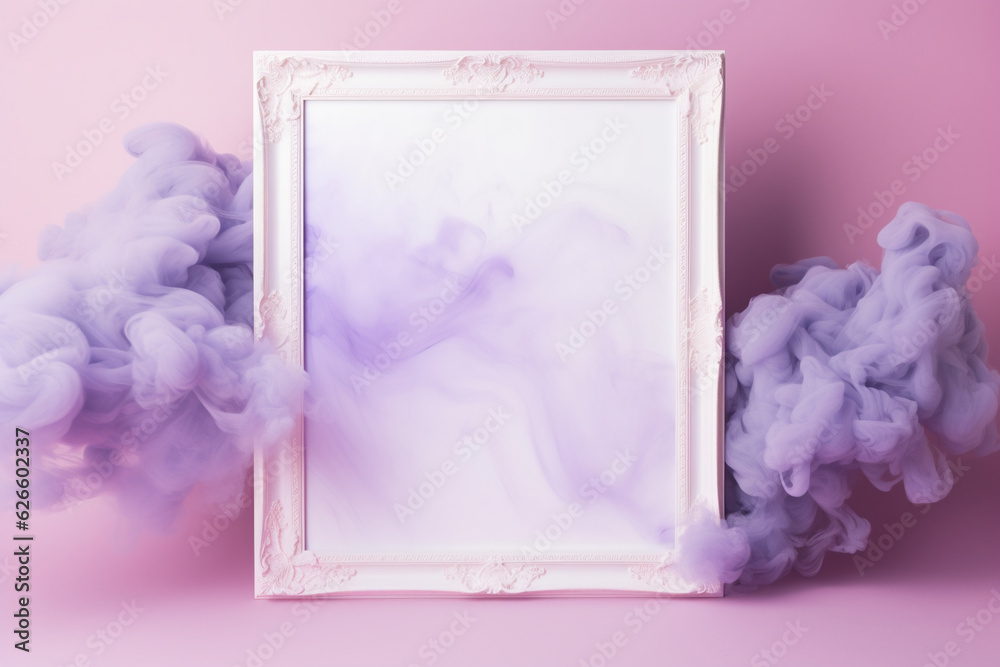 white picture frame with purple fog on a pink background white picture frame with purple fog on a pink background