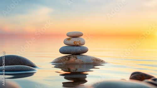 Balanced Zen stones on the beach  generated by AI