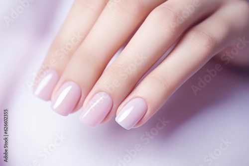 perfect pink nails manicure close up on a pastel pink background, nail salon ad