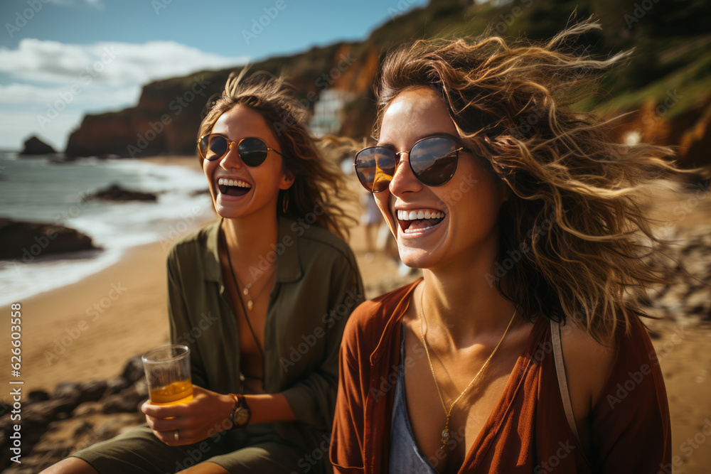 two girls in their 20s taking a selfie on the beach. They are laughing ...