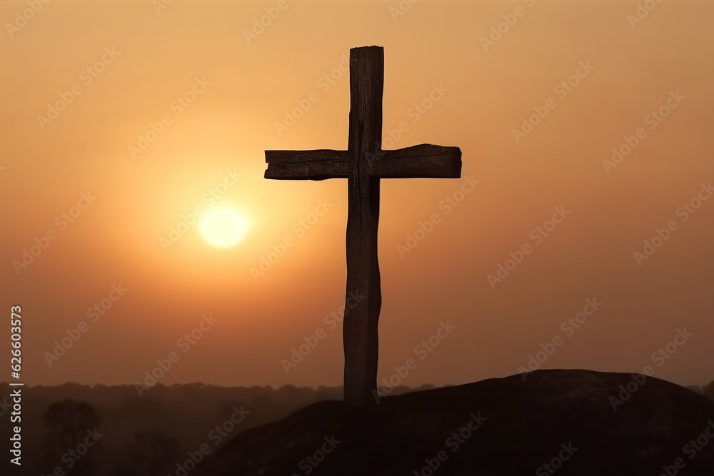 Wooden cross on the hill at sunset sky background.