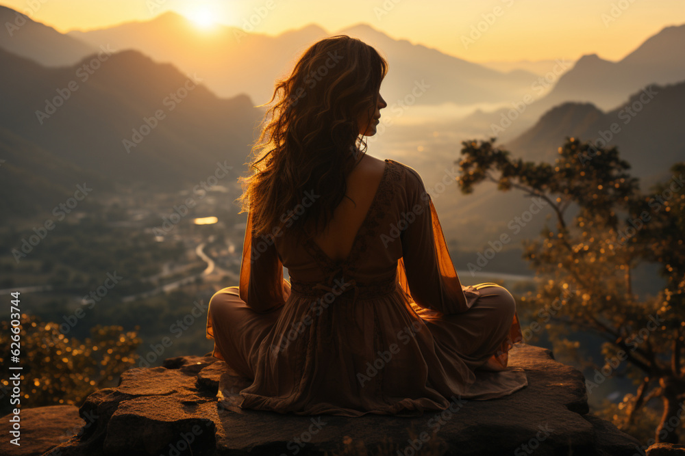 Yoga woman sitting on top of a mountain at sunrise. Mountains in the fog. The view from the back. arms around. Meditation. The balance of psychological life. Appeasement. Generative Ai Yoga woman sitting on top of a mountain at sunrise. Mountains in the fog. The view from the back. arms around. Meditation. The balance of psychological life. Appeasement. Generative Ai