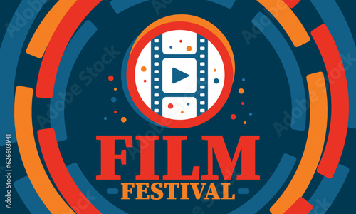 Film Festival. Movie Award. Cinematography event. Cinema premier graphic. Video production studio. Filmmaking art. Filmstrip logo. Show and entertainment. Vector illustration. Poster design