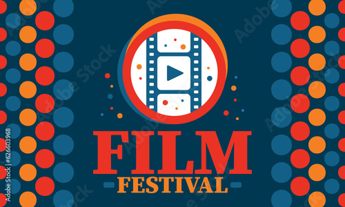 Film Festival. Movie Award. Cinematography event. Cinema premier graphic. Video production studio. Filmmaking art. Filmstrip logo. Show and entertainment. Vector illustration. Poster design