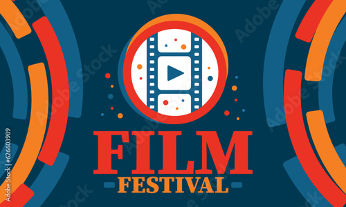 Film Festival. Movie Award. Cinematography event. Cinema premier graphic. Video production studio. Filmmaking art. Filmstrip logo. Show and entertainment. Vector illustration. Poster design