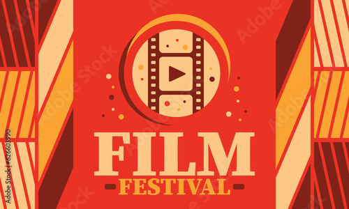 Film Festival. Movie Award. Cinematography event. Cinema premier graphic. Video production studio. Filmmaking art. Filmstrip logo. Show and entertainment. Vector illustration. Poster design