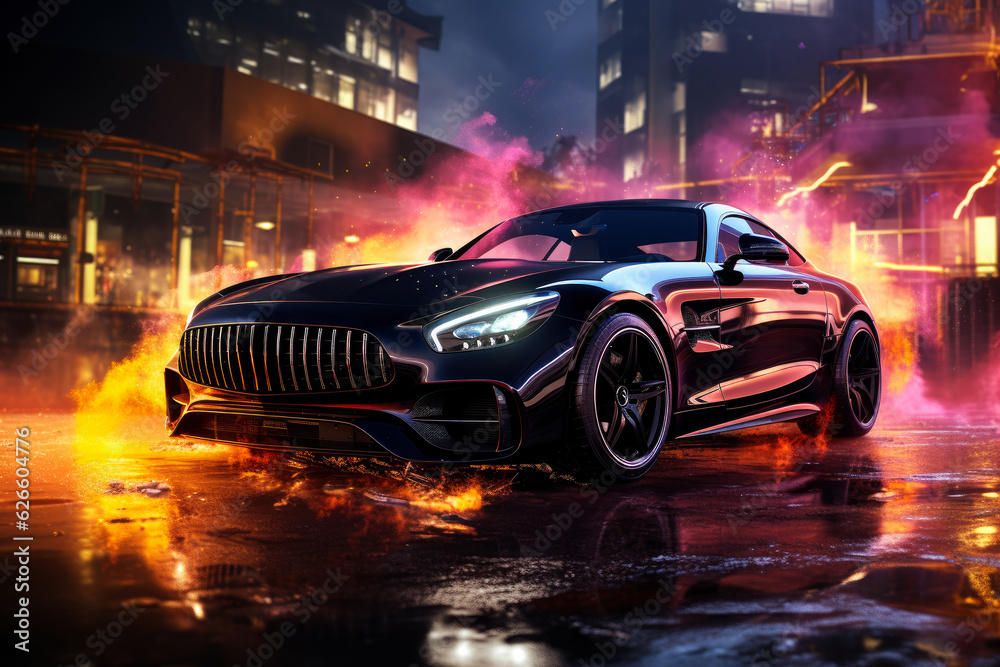 Futuristic sports super car concept on the background of the night city with flame and fire, street racing on expensive exclusive luxury auto, AI Generated