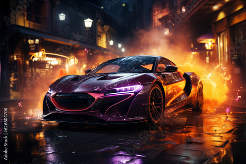 Futuristic sports super car concept on the background of the night city with flame and fire, street racing on expensive exclusive luxury auto, AI Generated