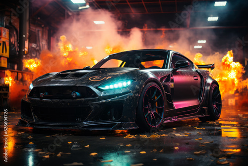 Futuristic sports super car concept on the background of the night city with flame and fire, street racing on expensive exclusive luxury auto, AI Generated