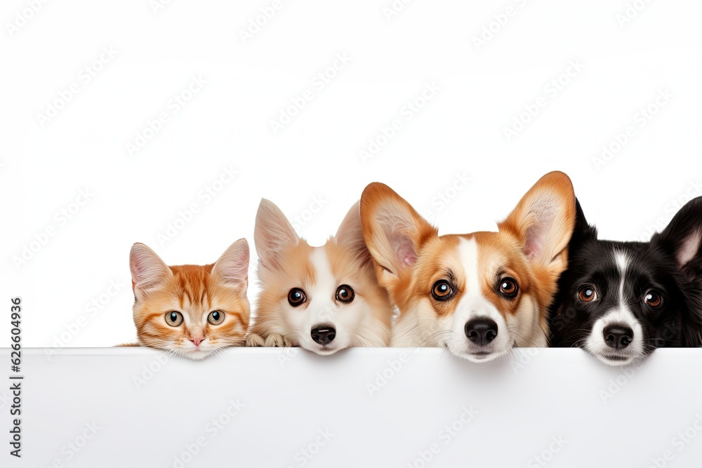 Corgi dog and cat peeking behind a white banner isolated on white background. Banner concept for veterinary clinic or pet food. Corgi dog and cat peeking behind a white banner isolated on white background. Banner concept for veterinary clinic or pet food.