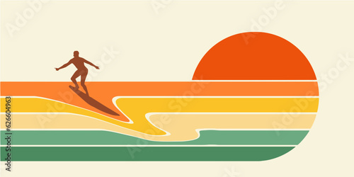A male surfer is seen on his surf board on a graphic colorful design of a sunset over the ocean. This is a design for a surfing related logo or icon.